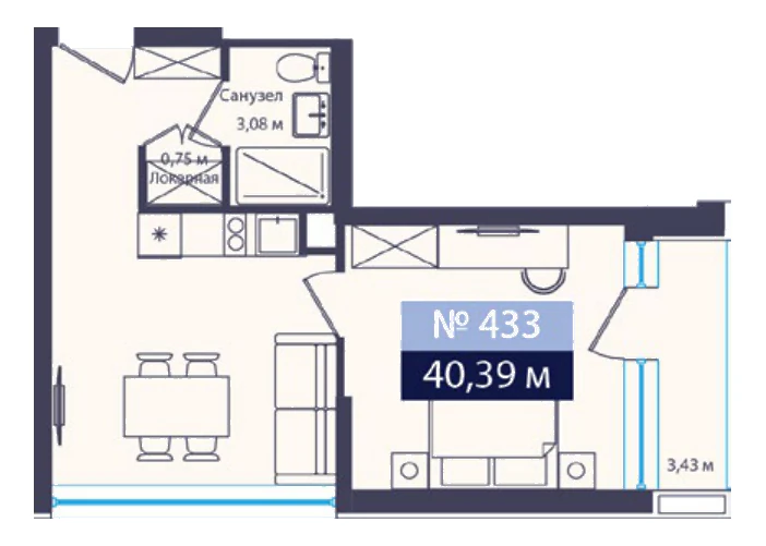 Планировка номера 40,39 м²