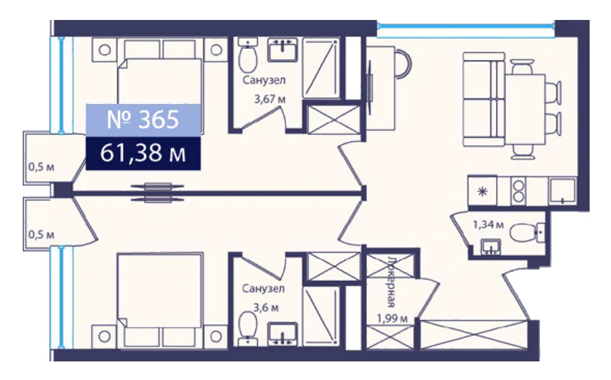 Планировка номера 61,38 м²